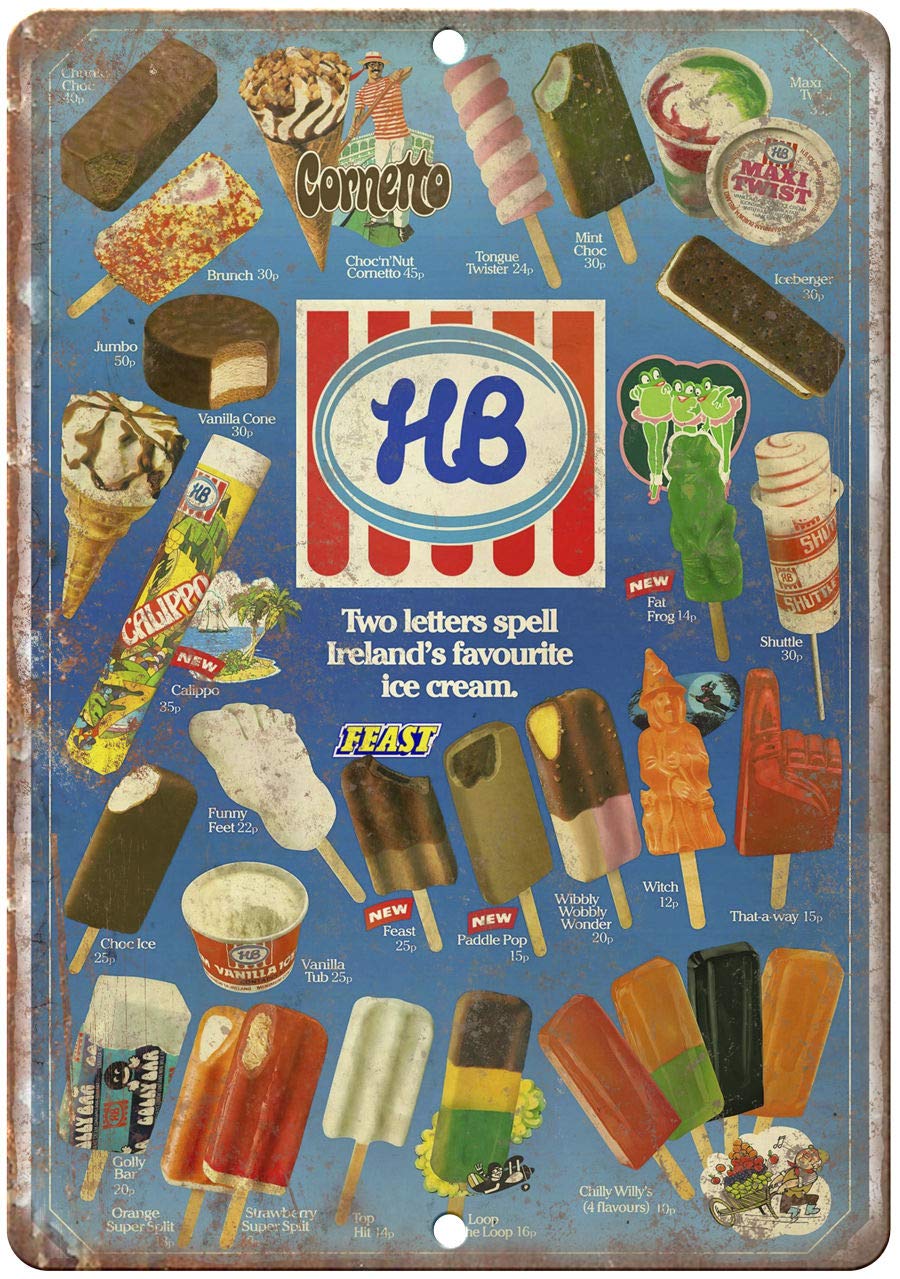 Decorative Vintage Retro Metal Sign Hb Ice Cream Ireland 80'S Menu Metal Tin Sign 8 X 12 Inches