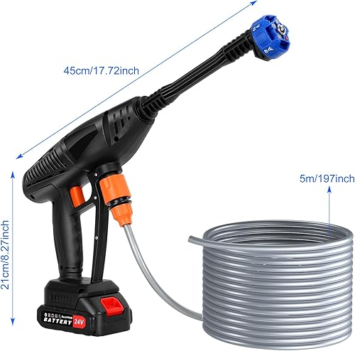 Miniatura 7 de Lavadora a presión inalámbrica, lavadora a batería de 507 PSI con 2 baterías recargables y boquilla 5 en 1, lavadora a presión portátil de 24 V para