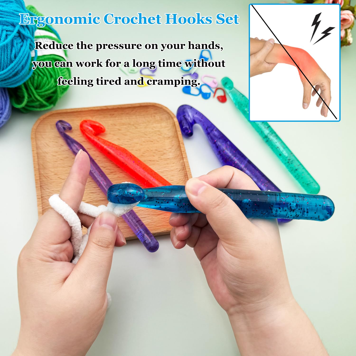 Hobekoee Gancho de ganchillo grande de 20 mm para hilo grueso, agujas ergonómicas para manos artríticas, ganchos de ganchillo suaves de cristal de plástico para ganchillo hecho a mano