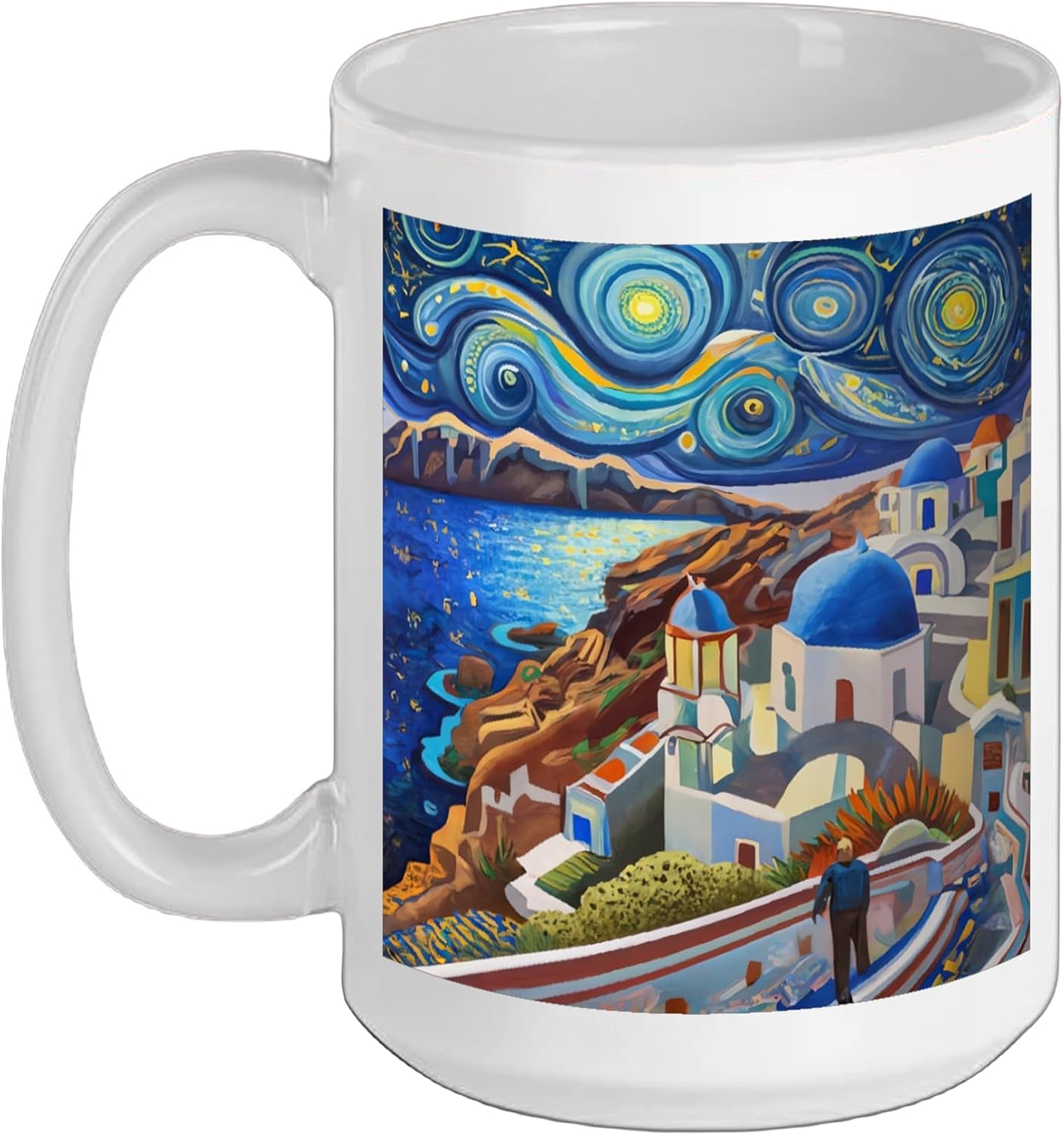 Funny Artist "If Van Gogh were Greek" Starry Night Santorini Ceramic Mug, White, 15oz