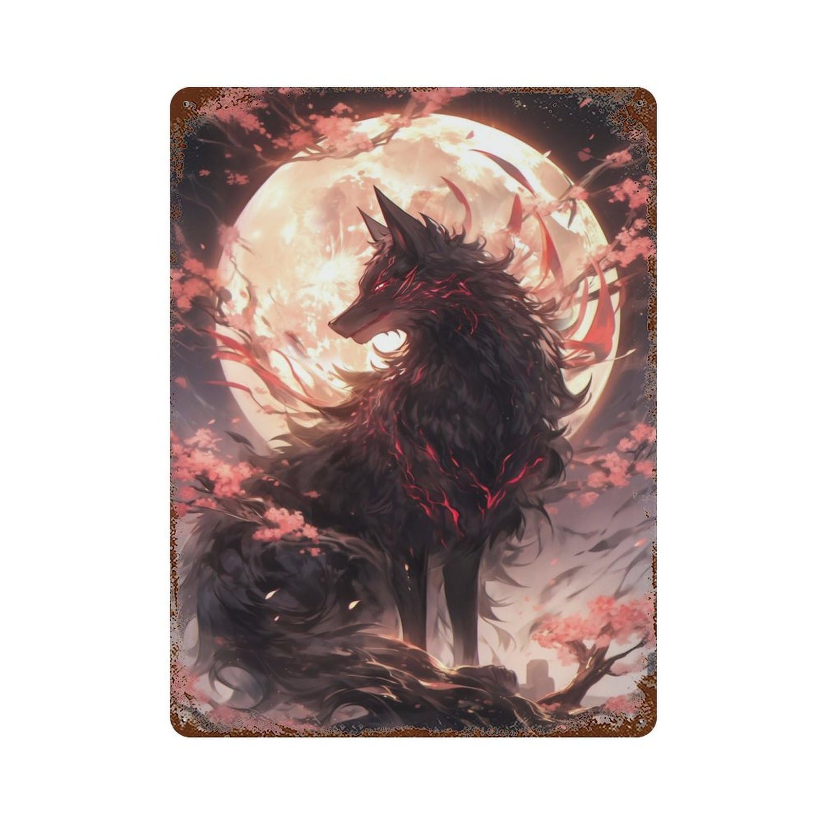 Rust Effect Black Sakura Kitsune Rusty Metal Tin Sign 15.7"x11.8", Old School Wall Decor for Farmhouse, Kitchen And Entryway Decor