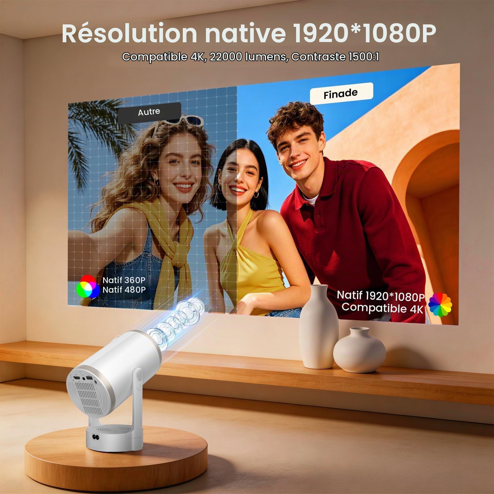 Videoprojecteur 4K 1080p Full HD, 200 ANSI, Projecteur Video Mise au Point