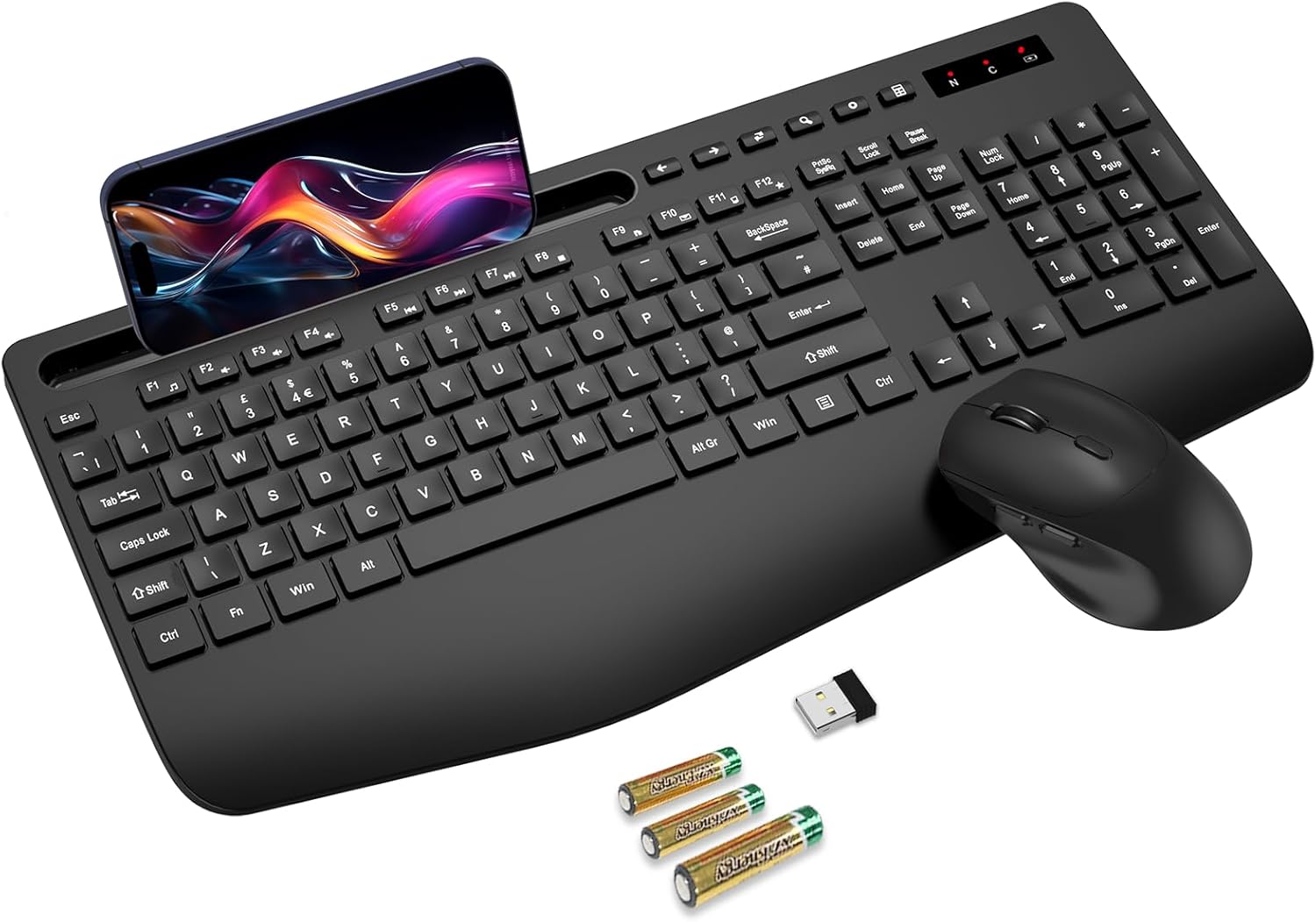 SABLUTE Wireless Keyboard and Mouse Set, 2.4G Ergonomic Cordless Set with Wrist Rest, Phone Holder, Batteries Included, Lag-Free Silent Keyboard and Mouse Combo for Laptop, PC, Mac, Windows