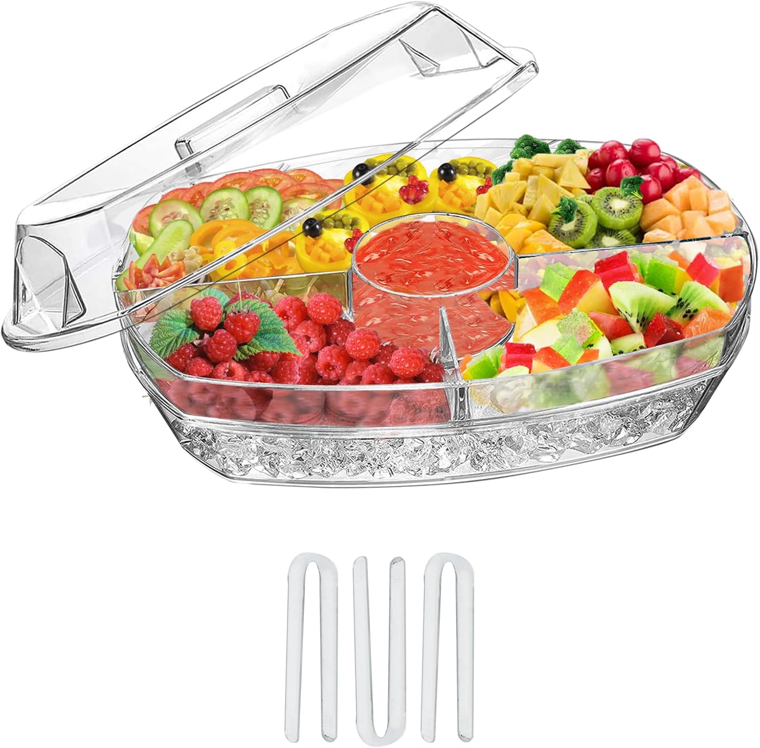 Serving Tray on Ice,Chilled Serving Tray,Serving Trays That Keep Food Cold,Kitchen Chilled Food Bowl with Compartment and Lids for Shrimp, Fruits, Vegetables, Salads