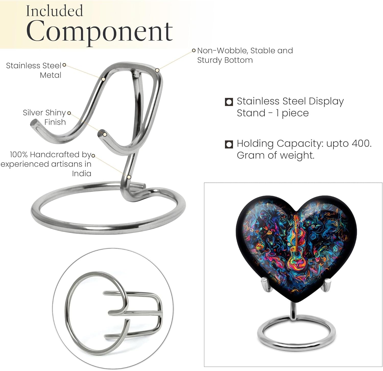 Guitar Urn - Heart Keepsake - Metal Keepsake Cremation Urn - Metal Cremation Container - 3 Inch - Pack of 1 - Cremation Urn for Adults - Small Metal Ashes Urn - Urns for Burial - Funeral Urn Ashes