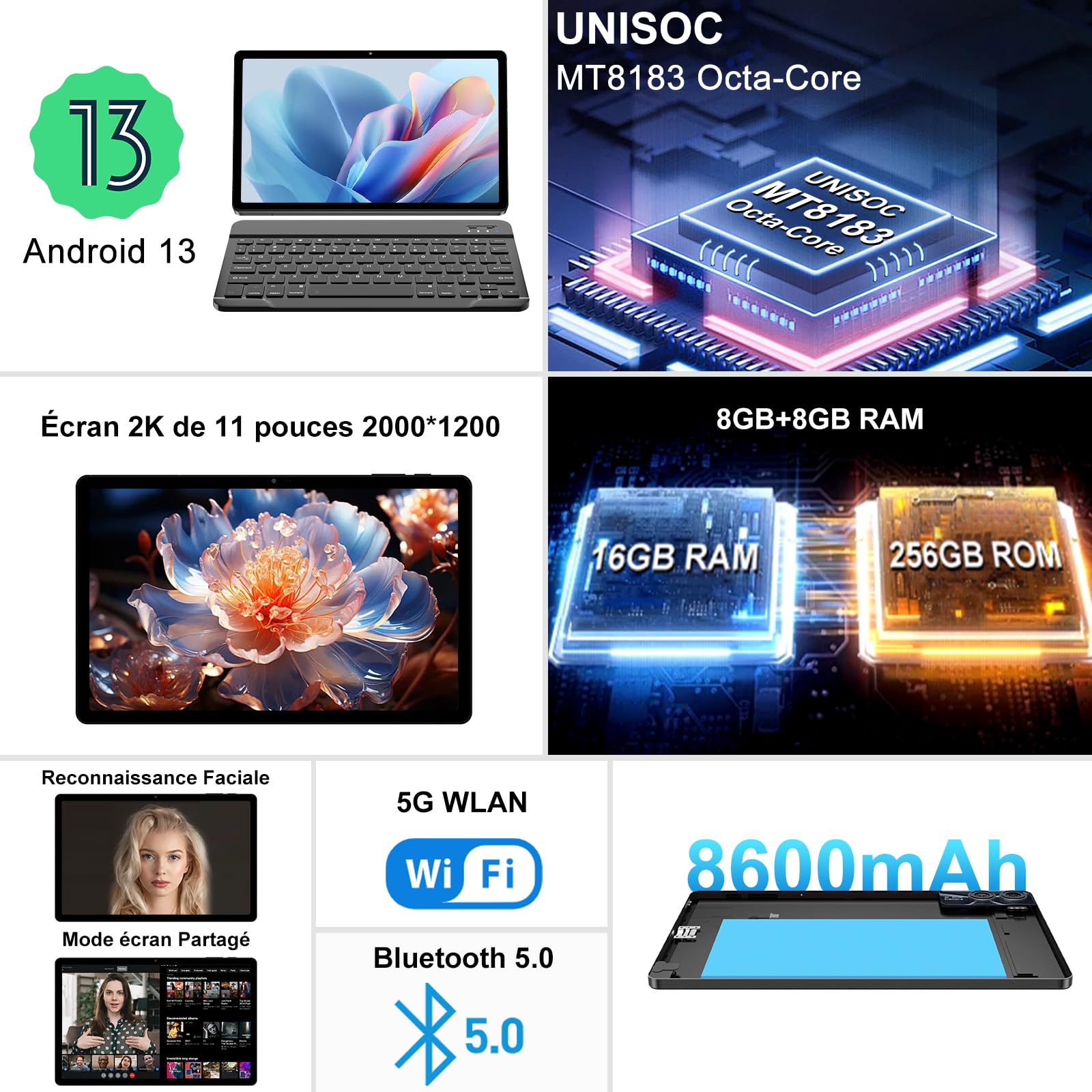 GOODTEL 2025 Tablet Touch 11 Pollici Android 13 16GB RAM+256GB ROM+TF 1TB, 2K Display 2000 x 1200, Octa-Core, 8600mAh, GPS, WiFi 5G, Bluetooth 5.0, 13MP+5MP, Corpo in metallo, con custodia, grigio