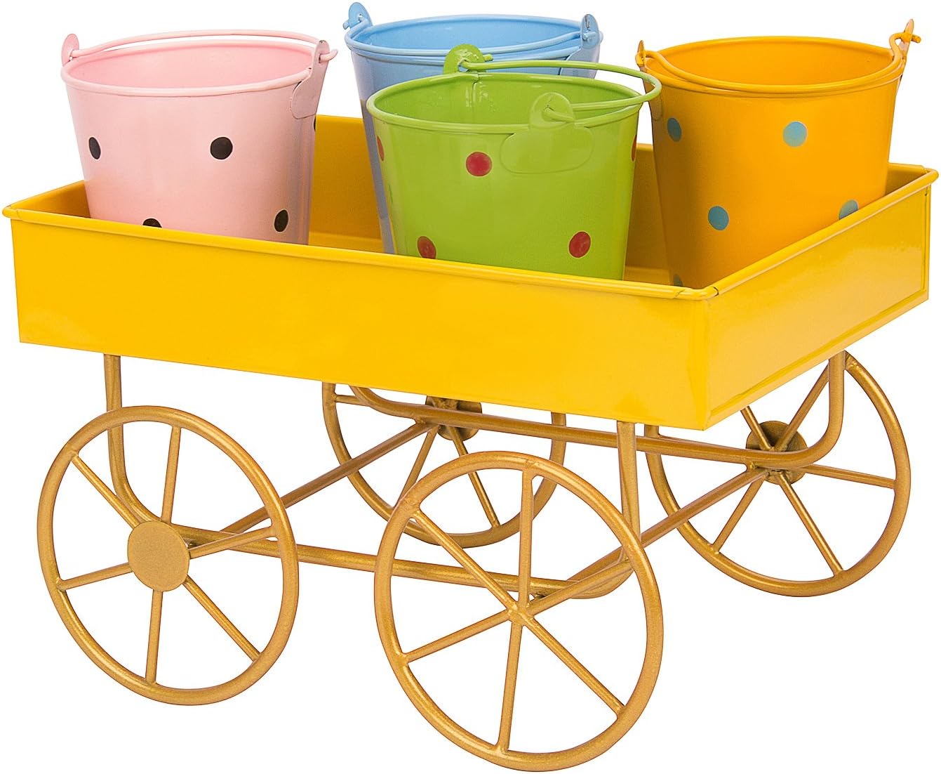 Nuha Metal Rickshaw/Cart with 4 Buckets, Yellow-Pack of 1