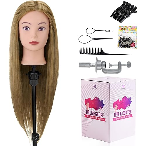 Mannequin Head Human Hair 50%,26-28" Hairdressing Training Doll Head,Braiding Manikin Doll Head for Hair Styling with Table Clamp + DIY Hair Styling Set #27 Golden