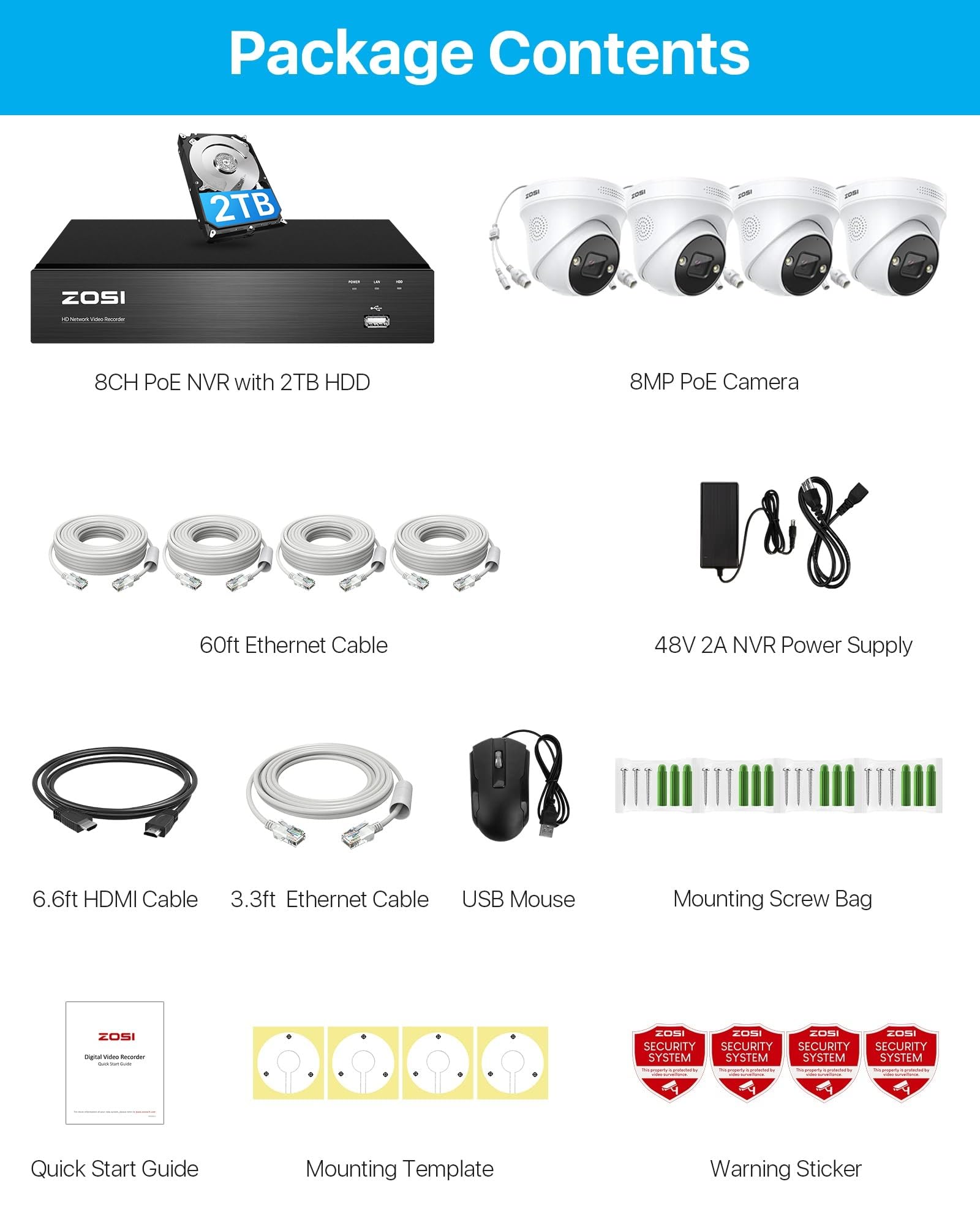 ZOSI 4K 8CH Kit de Cámara de Seguridad PoE, 4pcs 8MP Cámara de Vigilancia IP, H.265+ NVR Con 2TB HDD, Visión Nocturna, Detección de Personas