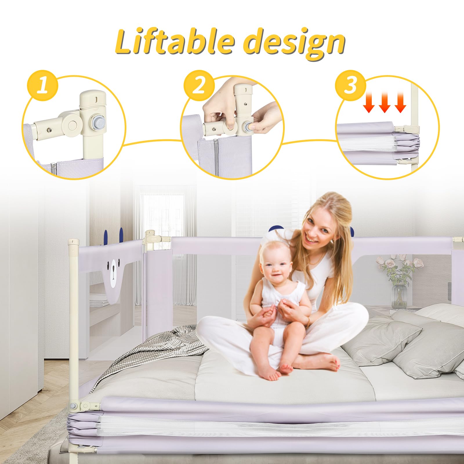 LANTUS Barriera per Letto Bambini 200 cm, Protezione Dalle Cadute Accidentali, Altezza Regolabile, per Letto di Famiglia e Lettino,Grigio - 200 * 100 * 26 cm - Orsetto