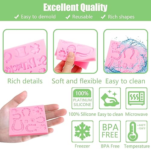 Miniatura 3 de Moldes de silicona de trébol de cuatro hojas 3 piezas trébol zapatos de caballo sombrero trébol barba fondant molde para decoración de pasteles