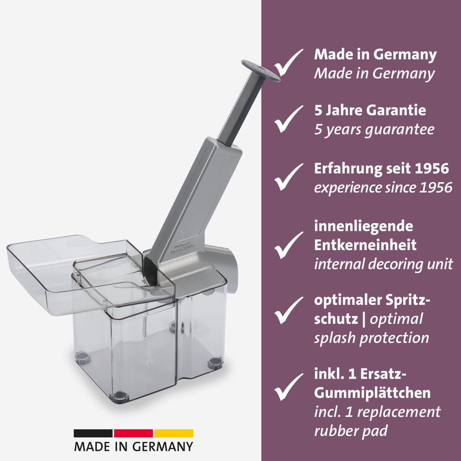 Westmark Kirschenentkerner/-entsteiner mit schräggestellter Schütte und großer Kernkassette, Kunststoff/Edelstahl/Aluminium, Kirschomat, Silber/Schwarz/Transparent, 40702260