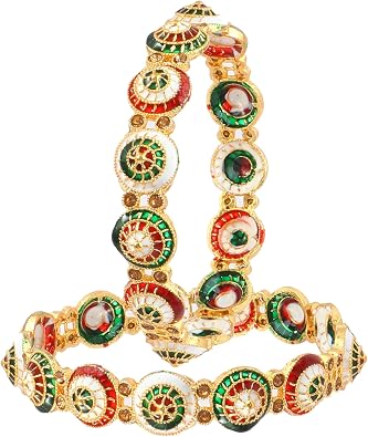 JewarHaat Bangles Set 2 Piece Pearl Polki Ad Cz Handmade Multi Color Meena Work Gold Plated Color Stones Traditional Indian Bracelet For Women