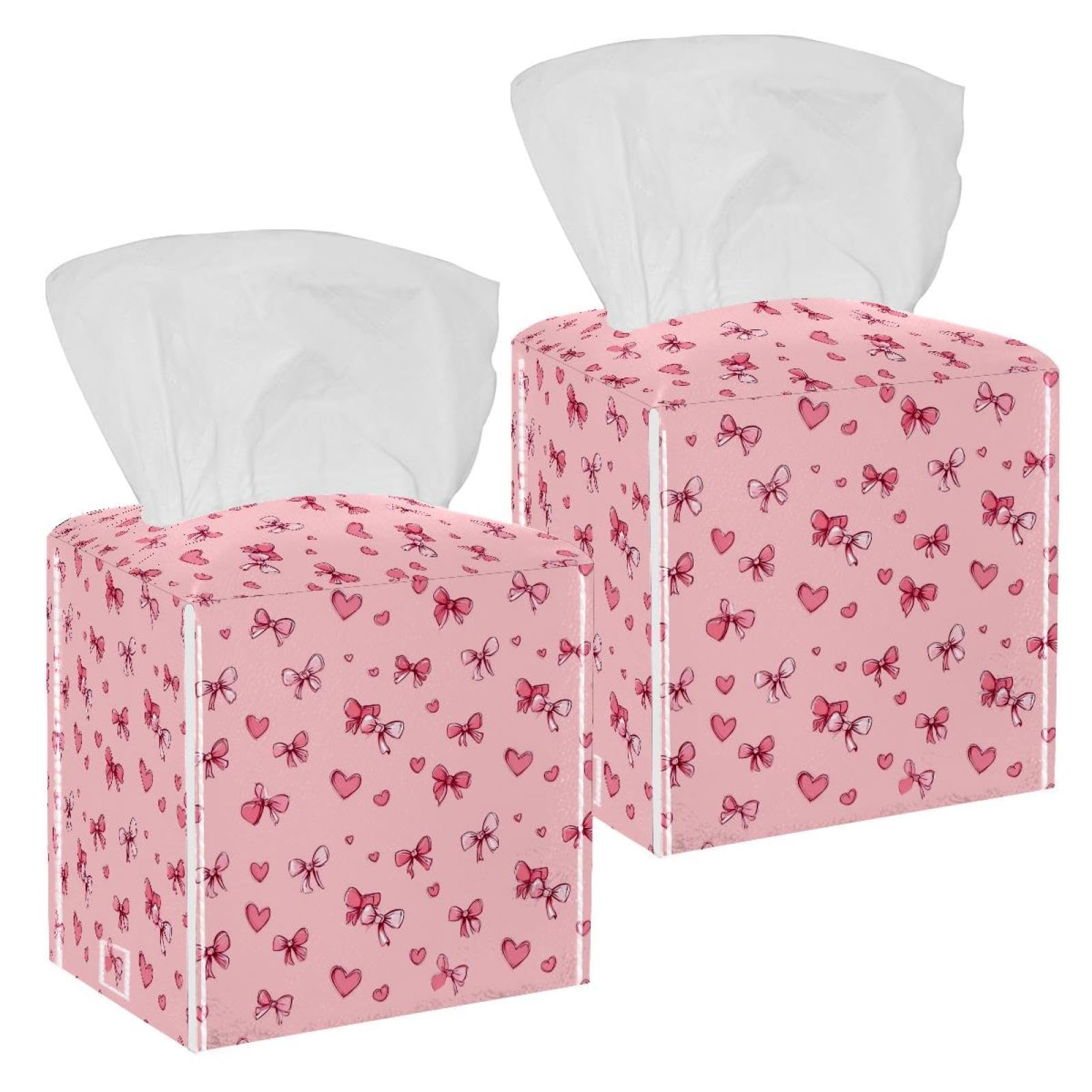Hearts and Bows Tissue Box Cover, 2 Pack PU Leather Square Facial Tissue Dispenser Box holder for Home Office Car