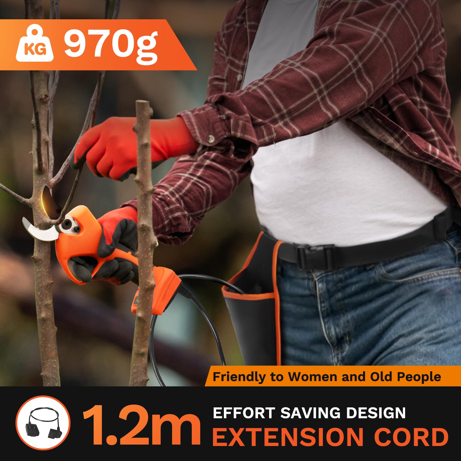8605 Sekator Elektryczny, 40MM Sekator Akumulatorowy 21V 2A 1050W Elektryczne Nozyce Ogrodowe z Przedłużaczem 1m