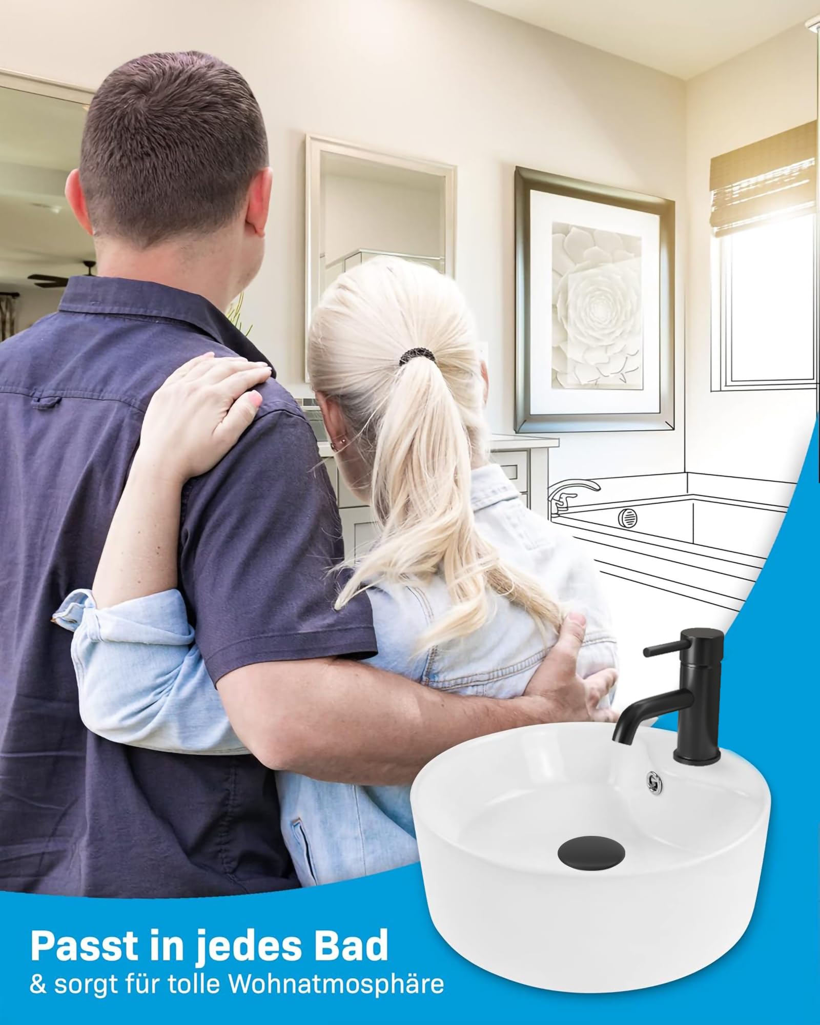 Alpenberger Lavabo de cerámica de 40 cm de diámetro, nano-revestimiento para una higiene perfecta, para cuarto de baño y aseo de invitados, efecto loto, con rebosadero y orificio para grifo