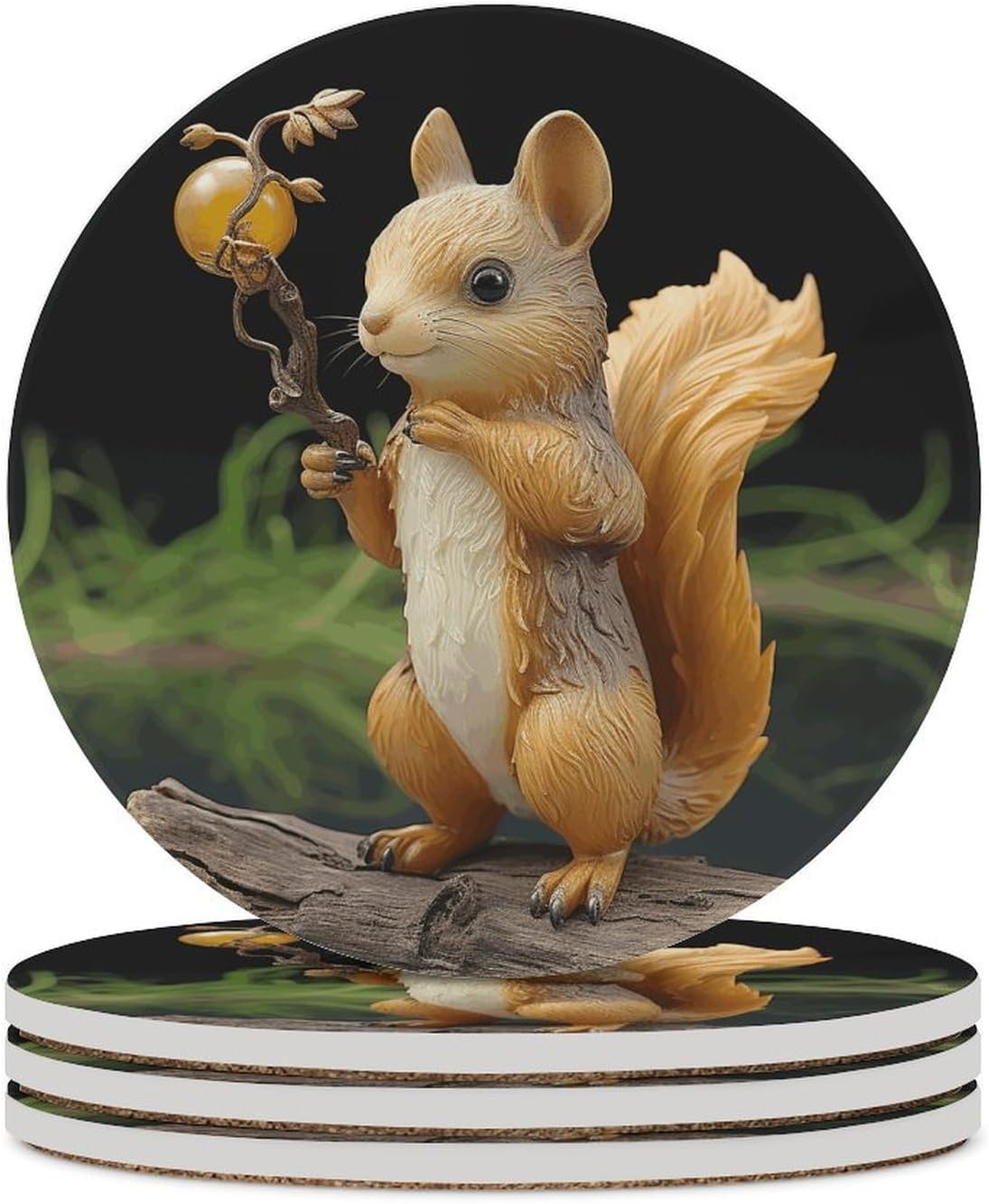 6PCS Resin Squirrel Coasters Non-Slip Round Drink Coasters with Ceramic Stone and Cork Base, Heat Resistant Absorbent 33.00Stone Coaster Set for Kinds of Mugs and Cups, 4 Inch