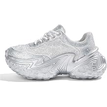 LUCKY STEP Womens Chunky Sneakers Platform Fashion Rhinestone Sparkly Dad Walking Shoes Butterfly Lace Wedge Casual Shiny Thick Sole Footwear