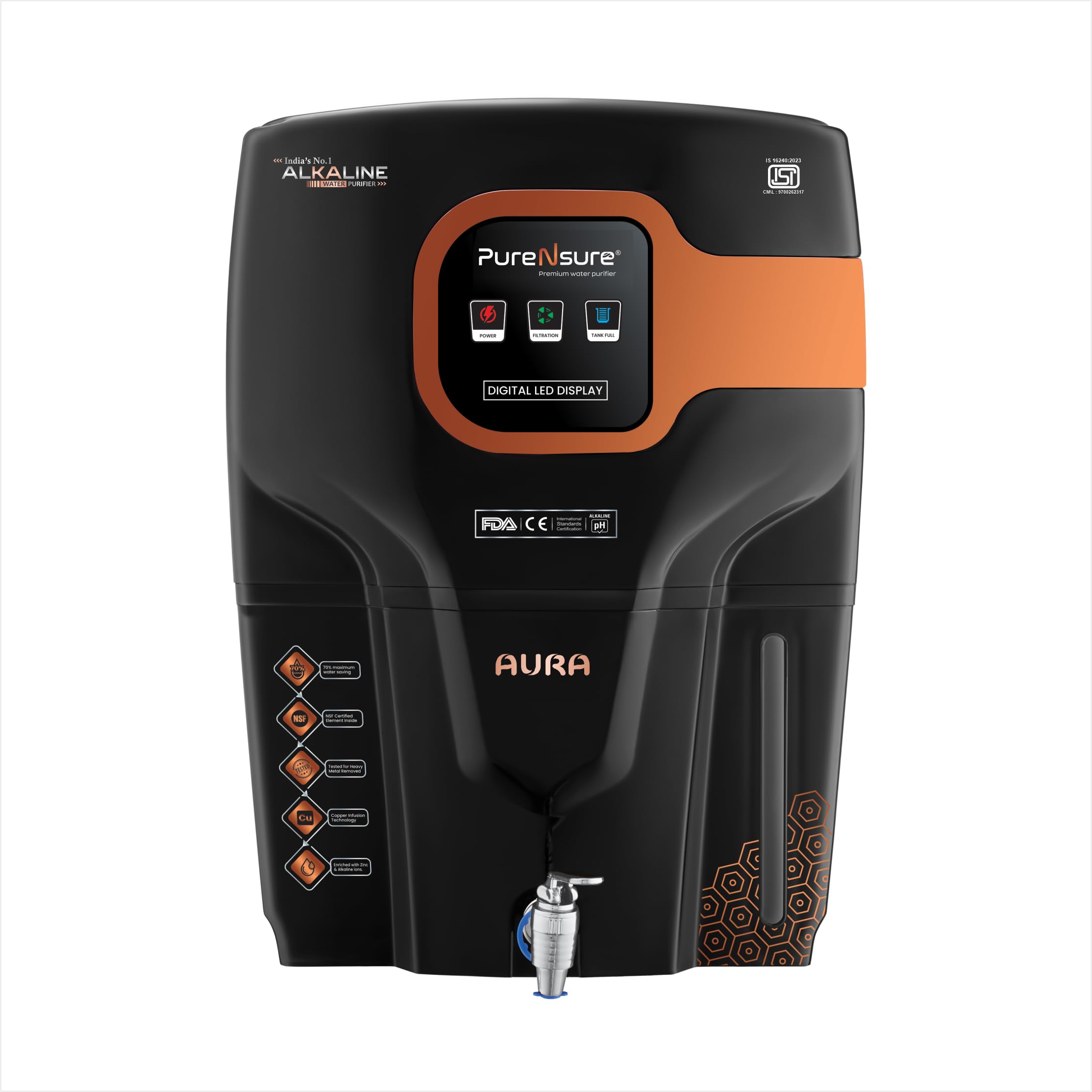 PURE N SURE Aura Zinc RO+UV+UF+Zinc+copper Alkaline Copper Black Alkaline Technology 15 Litre Water Purifier for Home-image-45