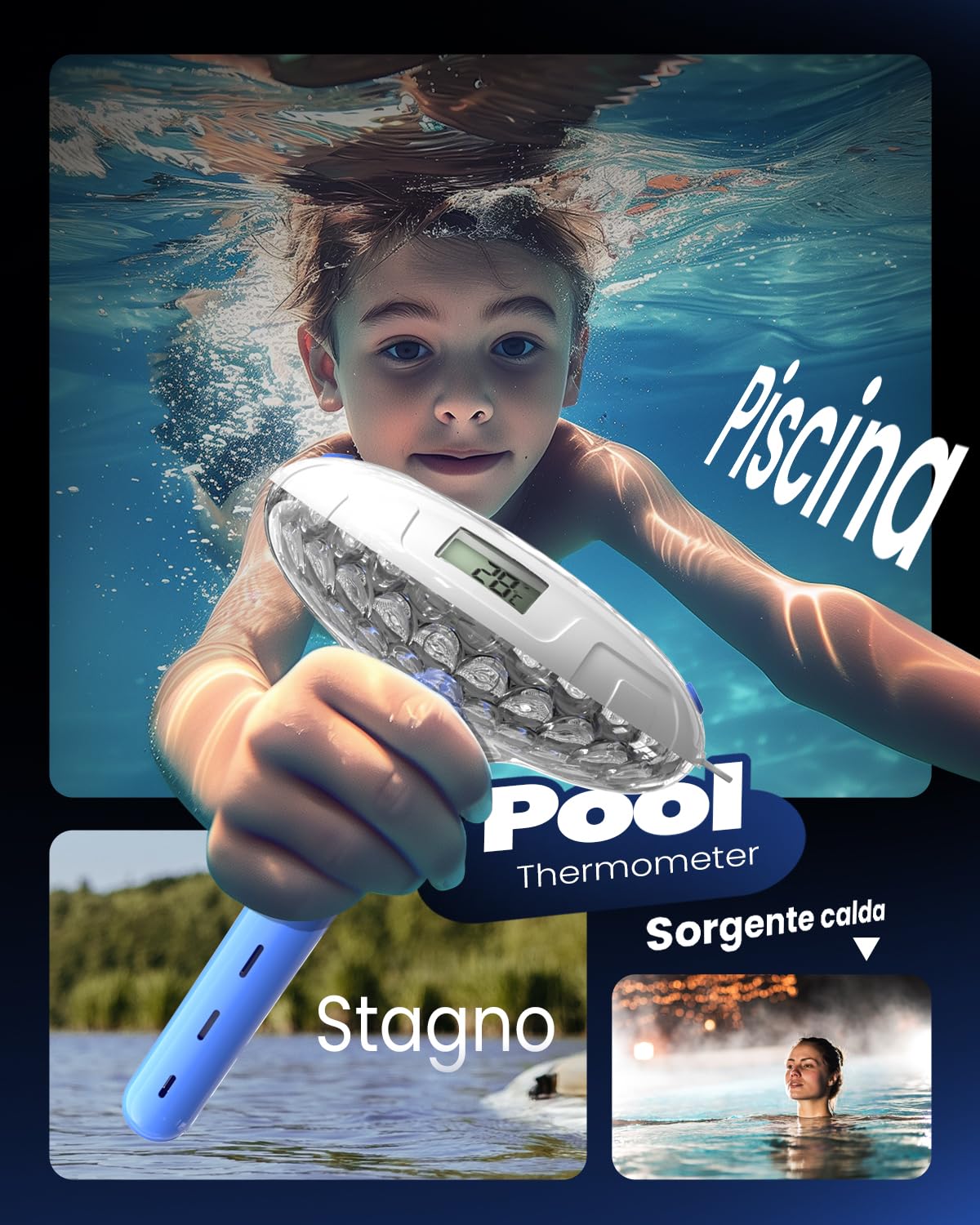 Pool Thermometer Easy to Read, Solar Pool Light with 8 RGBW Color Modes, Dual Dightal Displays for Inground Above Ground Pools (Deepblue)