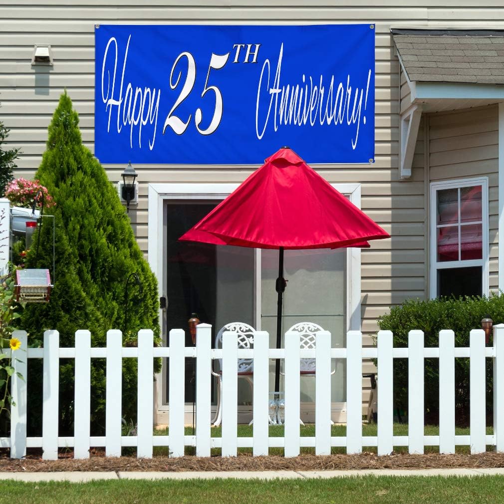 Vinyl Banner Multiple Sizes Happy 25Th Anniversary Blue A Lifestyle Outdoor Weatherproof Industrial Yard Signs Blue 4 Grommets 16x40Inches