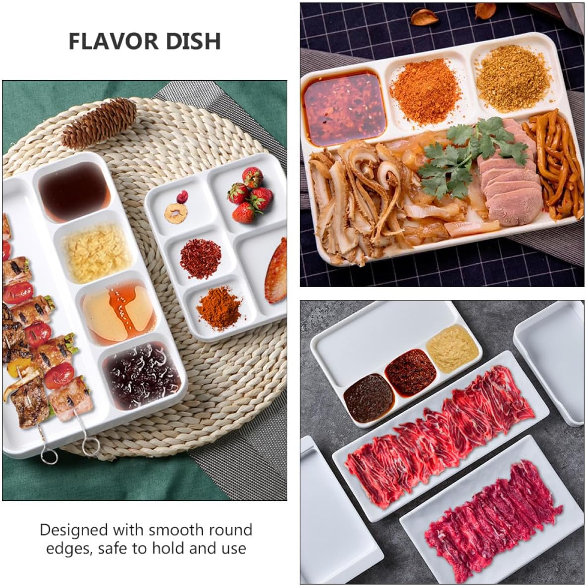 FRCOLOR Melamine Four-compartment Sauce Dish Dipping Sauce Grid Plate White Bbq Seasoning Plate for Dry and Wet Condiment Serving Side Dish