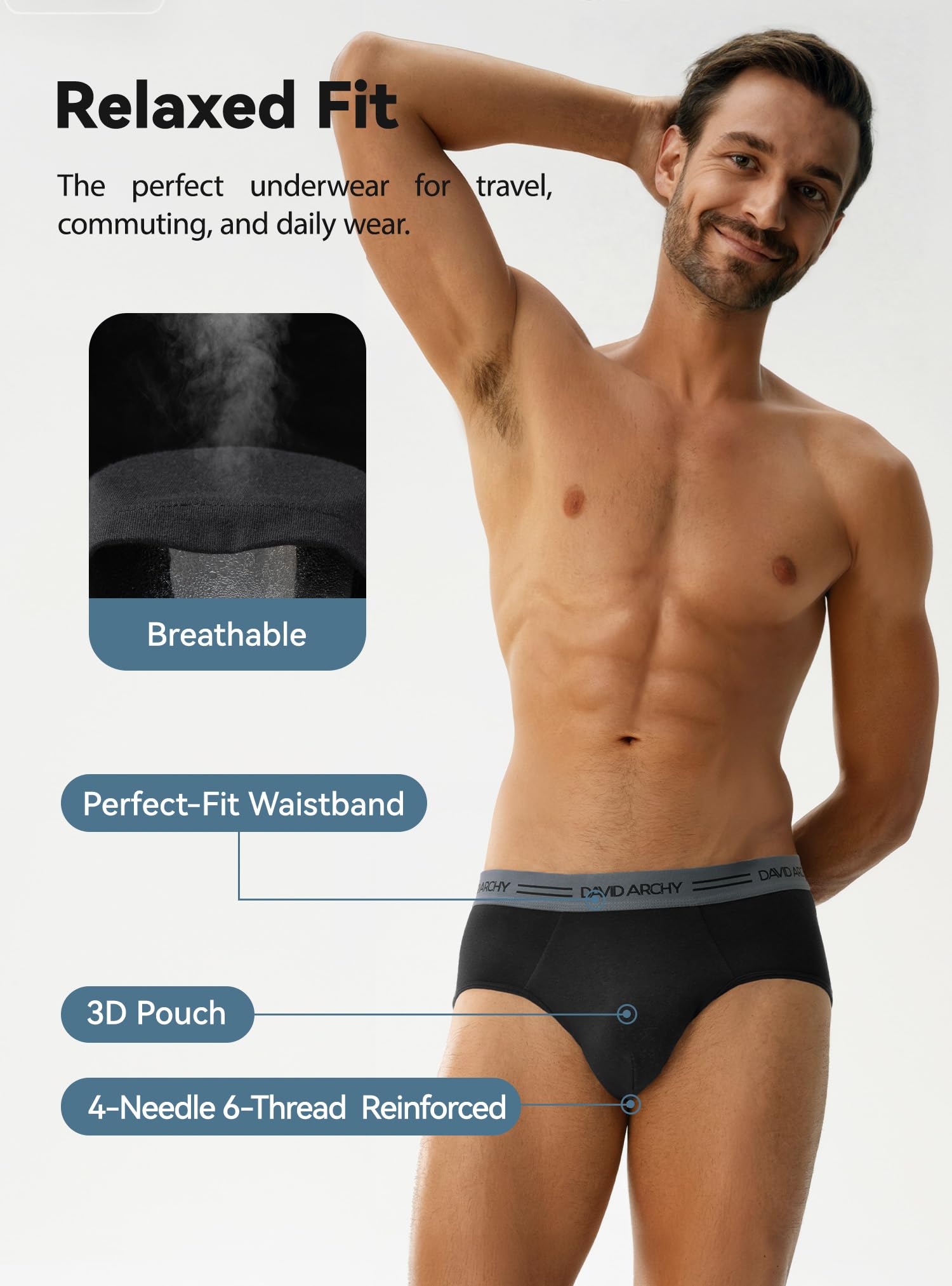 DAVID ARCHY Męskie slipy wielopak, rozciągliwe klasyczne slipy męskie, bawełna męska, miękkie oddychające worek 3D 35mm Belt Shorts, czarny *6, XL