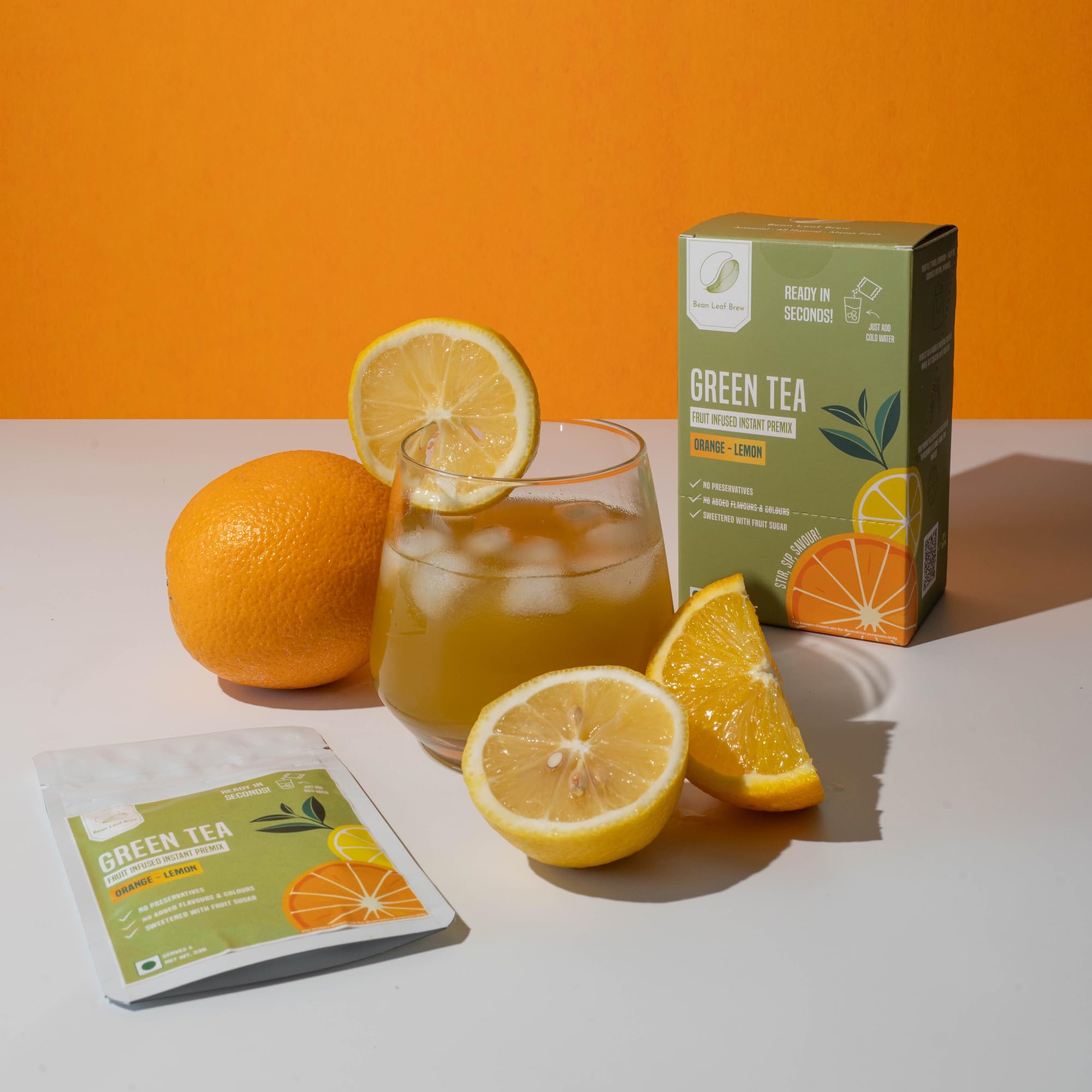 Bean Leaf Brew Instant Green Tea Fruit Infused Premix | Orange-Lemon Flavor | No Preservatives, No Added Flavours & Colours | Sweetened with Fruit Sugar | 8 x 22g Sachets