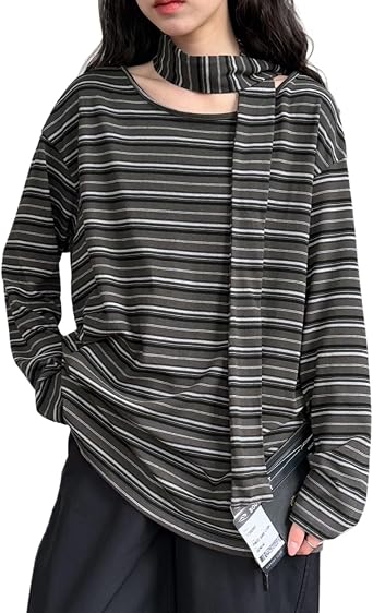 Striped Tops for Women Autumn Long Sleeve Off Shoulder T-Shirt with Scarf Fashion Trendy Chic Clothes