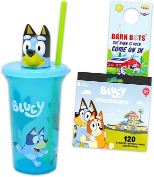 Bluey Cup with Lid 15oz for Kids, Girls, Boys - 4-Piece School Supplies Bundle with Drinking Straw Bottle, Stickers, Plus More | Bluey Drinking Water Bottle for Kids