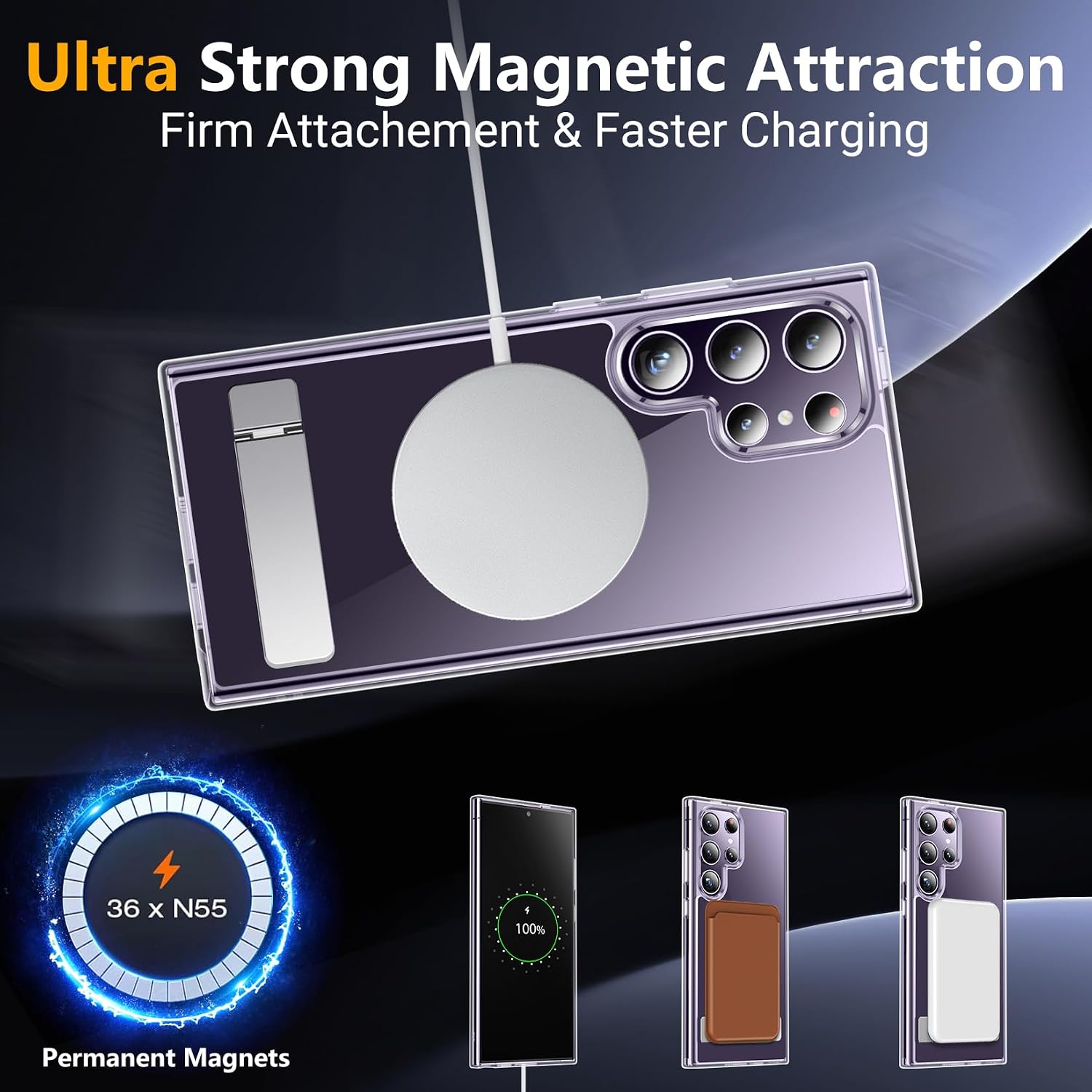 SPIDERCASE for Samsung Galaxy S24 Ultra Case, with Invisible Kickstand, Magnetic Case [Military Grade Drop Protection] [2 pcs Tempered Glass Screen Protectors] Shockproof Slim Case, Clear | with Invisible Kickstand
