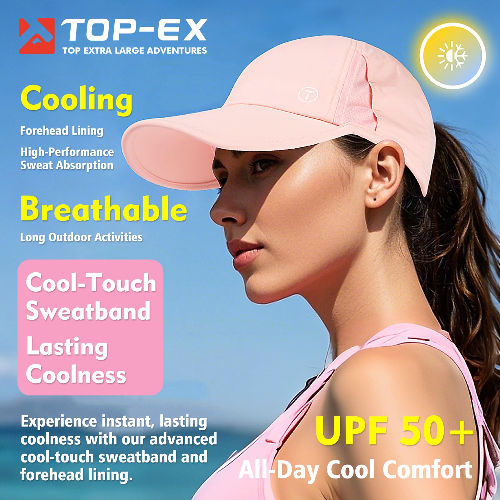 TOP-EX Womens High Ponytail Baseball Cap Cooling UPF 50 Summer Waterproof Sun Hat for Running Golf Tennis Sports Foldable Pink S/M