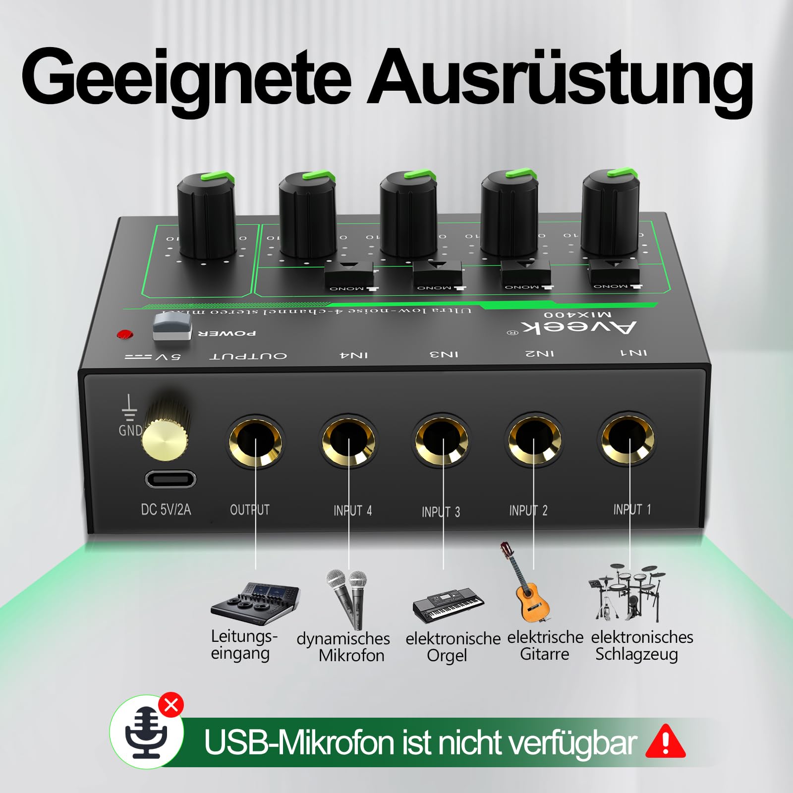 Aveek 4-Kanal Kleinmischpult, Mini 4 Stereo Audio Mixer, rauscharm für präzises Submixing, 1/4’’ TRS Ein-/Ausgang Ideal für Mikrofone/PC/Gitarren/Bass/Bühne