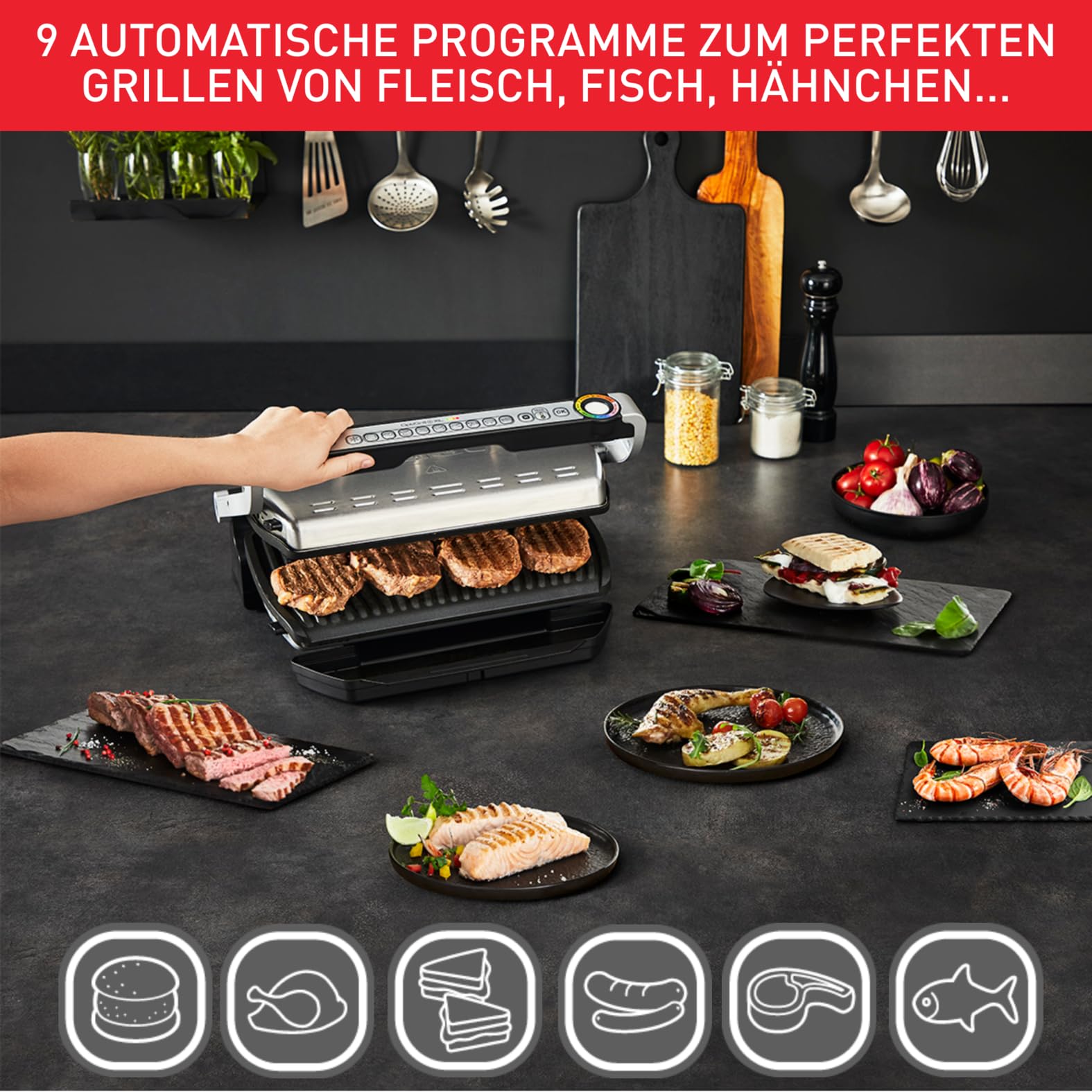 Tefal OptiGrill+ XL | Kontaktgrill mit automatischer Temperatur-Anpassung | 9 automatische Programme | XL-Grillfläche | inklusive Backschale | GC724D12
