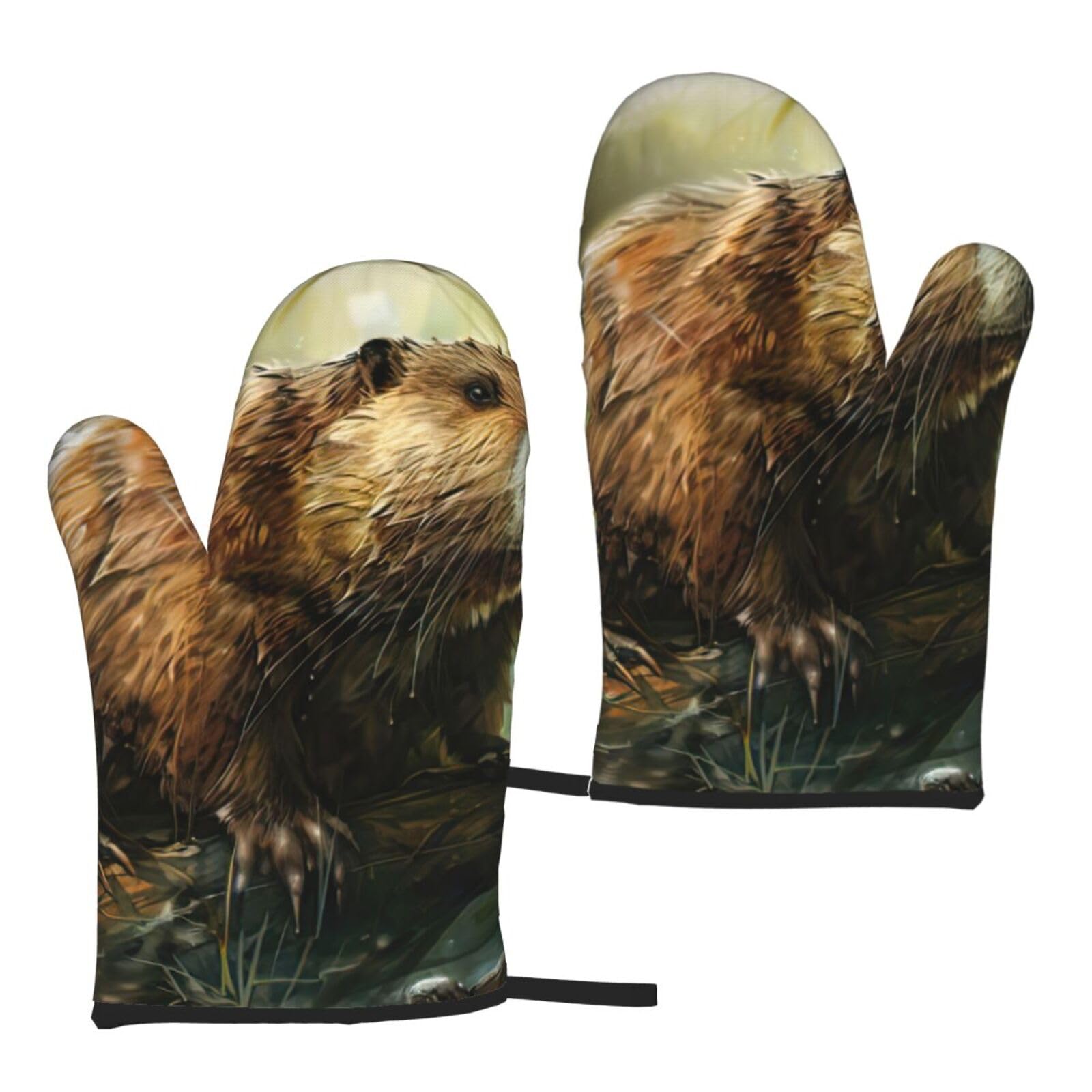 Beaver Print Heat Resistant Universal Fit Oven Microwave Gloves Home Cooking Baking Grilling