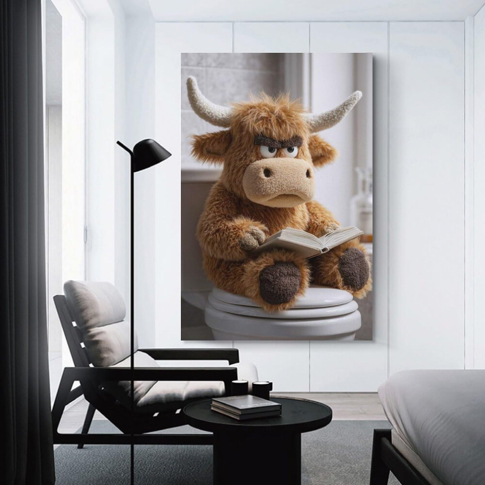 Junmoney Unframe-Style-12 Grumpy Highland Cow Reading On Toilet Home Decor Wall Art 20X30inch(50X75cm), For Lounge, Bedroom Or Personal Spaces, Gift Idea For Housewarming And Birthdays