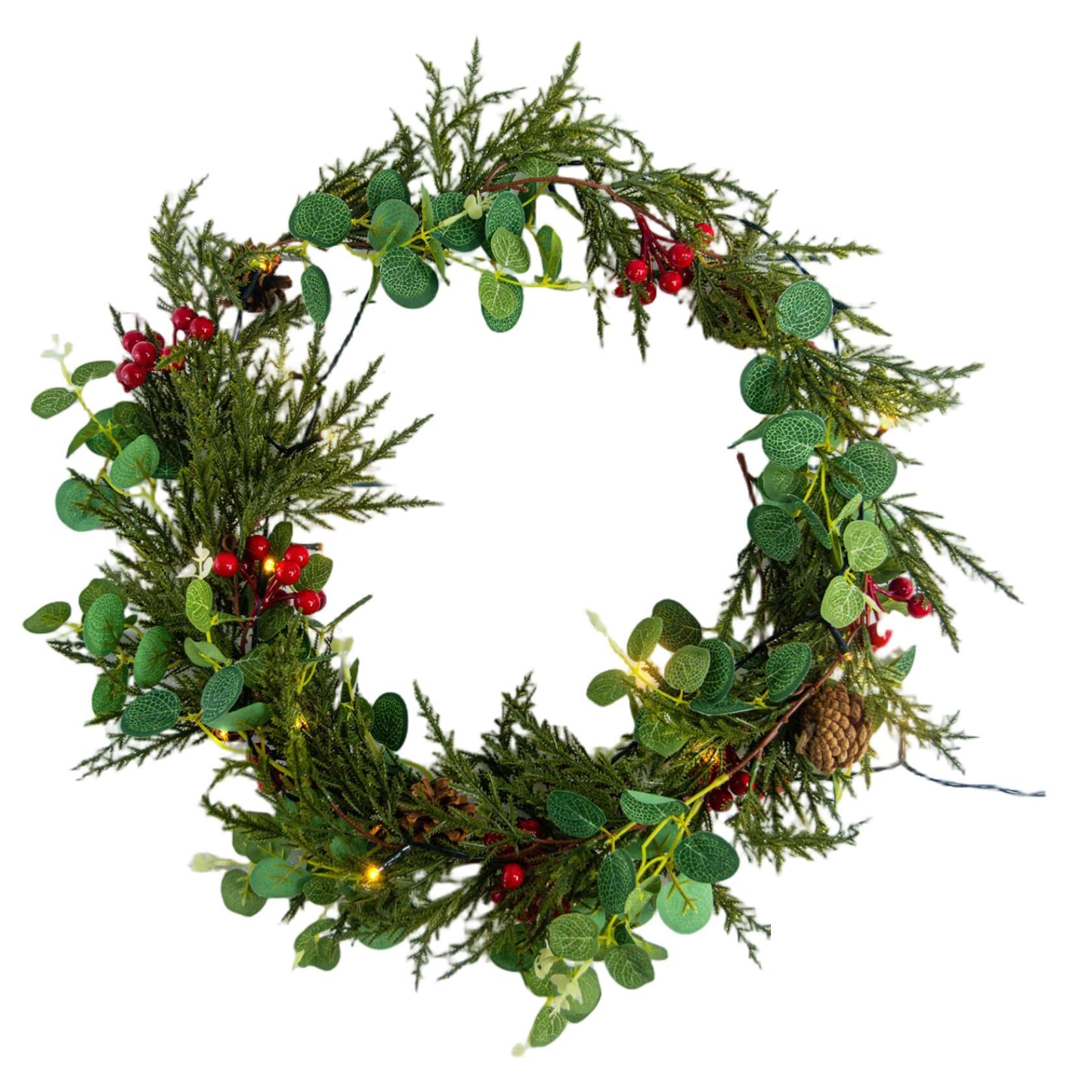 CAKEEYUM Eucalyptus Garland with Lights 6ft 20 LED Pre-Lit Christmas Garland with Pine Cones Berry Indoor Xmas Decorations for Stairs Fireplace Door Prelit, Christmas, Lighted, Chri