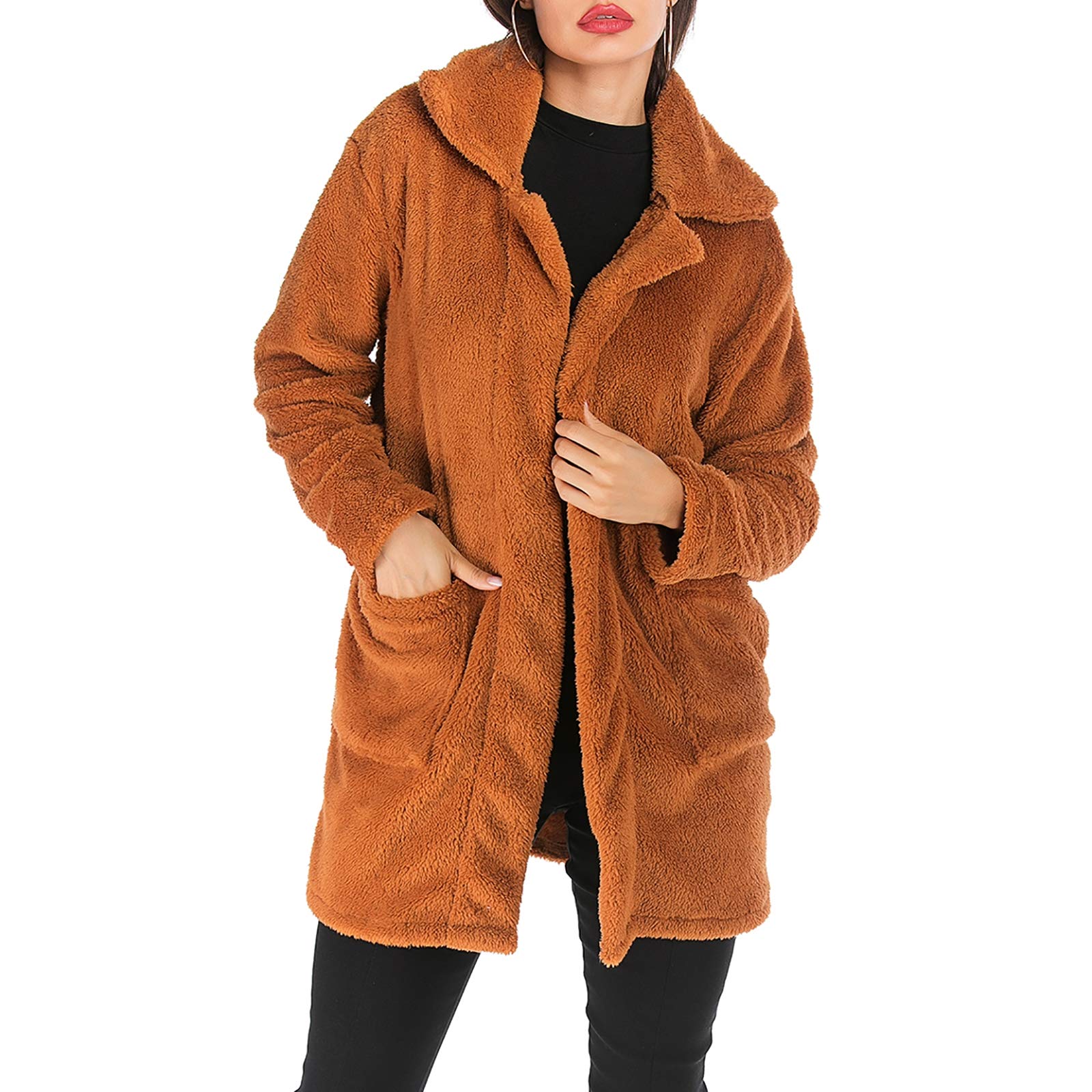 JSUMING Women's Lapel Thicken Warm Faux Fur Coats with Big Pockets,Brown,M
