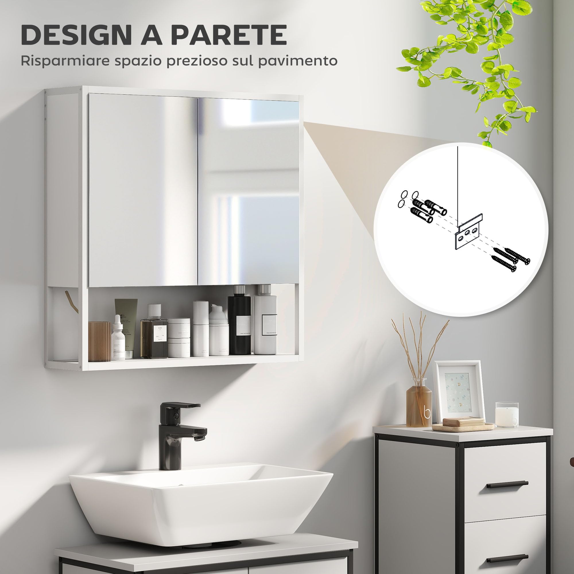 HOMCOM Specchio Bagno Contenitore a Parete con Soft Close, Mobile Bagno con Specchio, Mensola Regolabile e Ripiano Aperto, Specchiera Bagno in Legno e Acciaio, 60x16x60 cm, Bianco