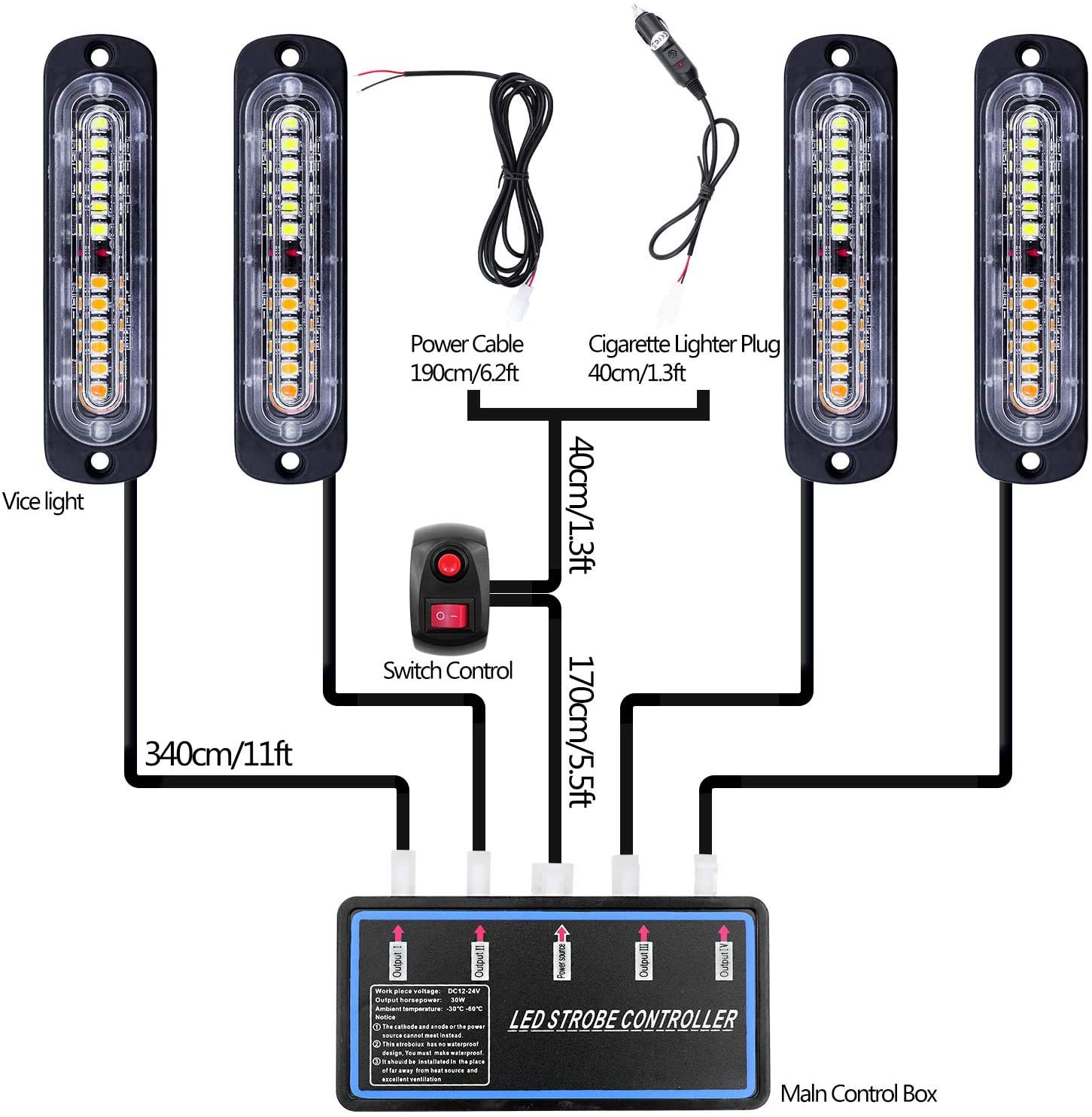 Luces de advertencia LED, 4 piezas de advertencia de emergencia, precaución, construcción, función de sincronización ultra delgada, para coche, camión con caja de control principal, montaje en