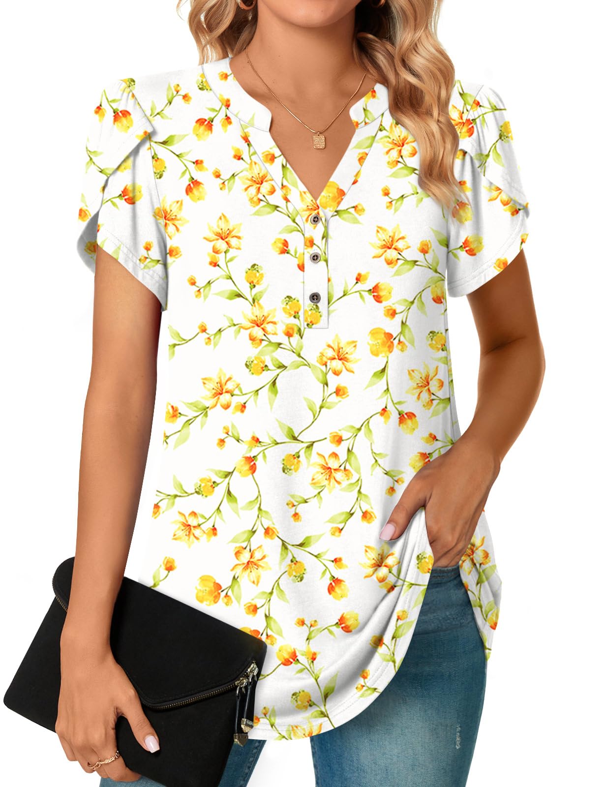 POPYOUNG Womens Plus Size Business Summer Henley Tunic Tops Button Down T-Shirts Petal Sleeve V-Neck Casual Blouses