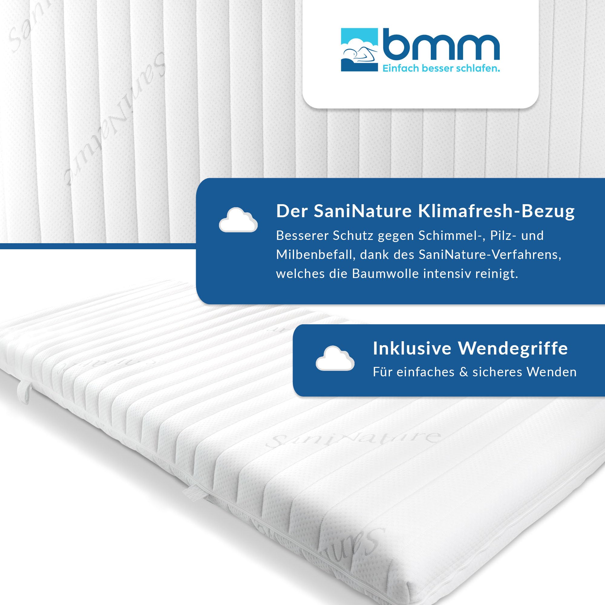 BMM Hochbett Kindermatratze UpMat 90x200 cm H2 14 cm Kaltschaummatratze | Speziell für Hochbetten entwickelt – mit 14 cm Höhe, Kinder-Profilschnitt und hygienischem SaniNature-Bezug.