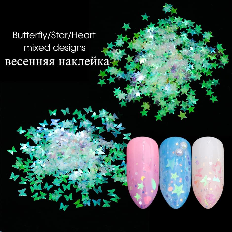 Miniatura 7 de Juego de 12 rejillas de lentejuelas para uñas, purpurina holográfica, copos iridiscentes, colorido, colorido, papel de vidrio fluorescente, escamas