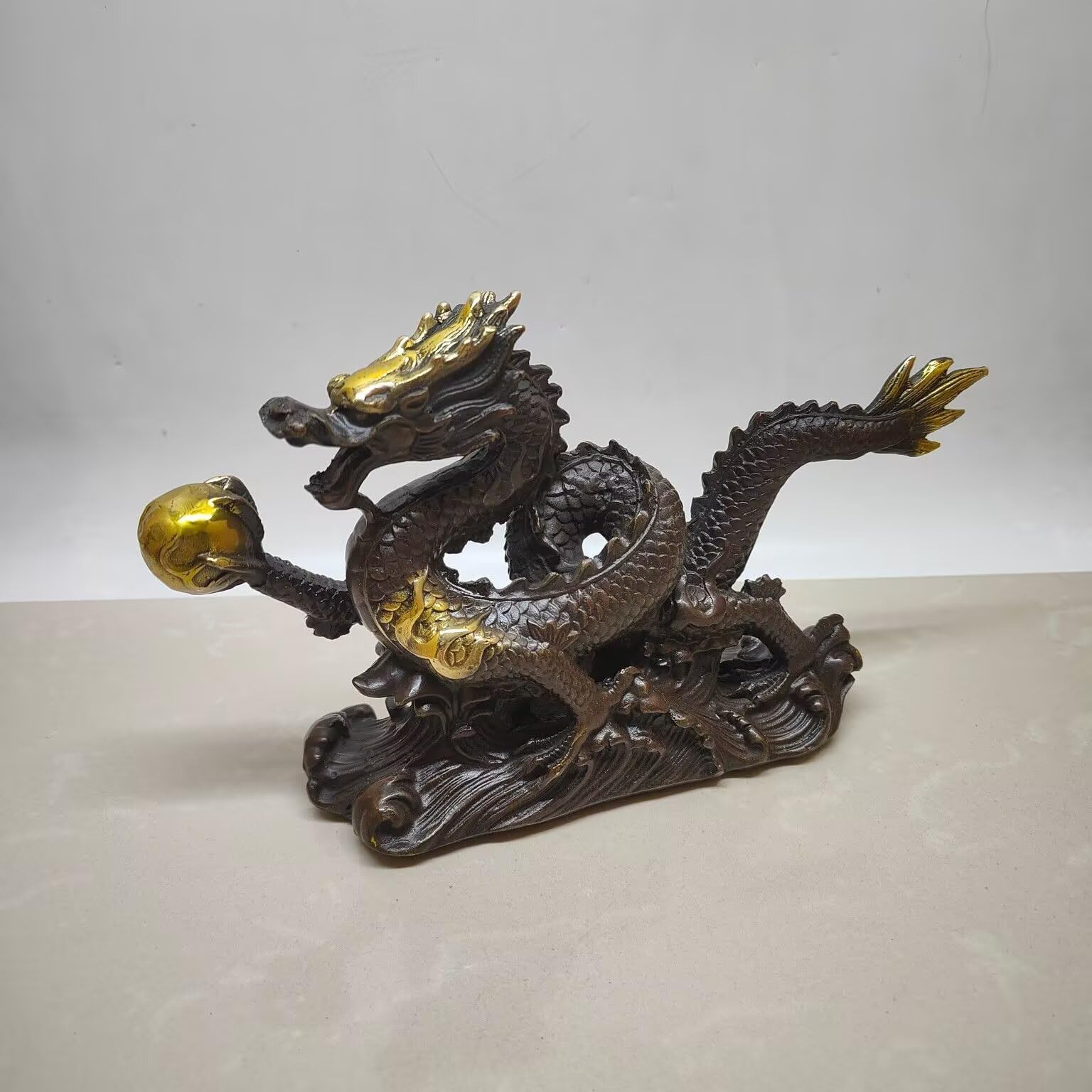 Dytartzx Pure Copper Fortune Dragon Statue, Handmade Chinese Dragon Sculpture - Feng Shui Wealth-Attracting Ornament for Home Office Entrance, Lucky Decor Ideal for Busi