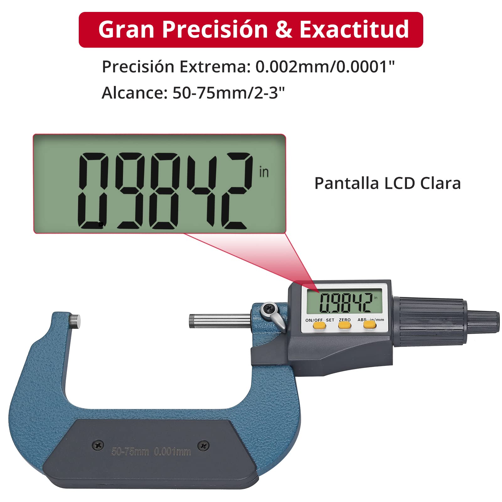 XUNTOP Micrómetro Digital 2-3 "/ 50-75 mm Micrómetro Digital de Alta Precisión LCD con Apagado Automático 0.00005"/0.001mm Micrómetro Mecánico Exteriores Calibre Electrónic de Acero Inoxidable