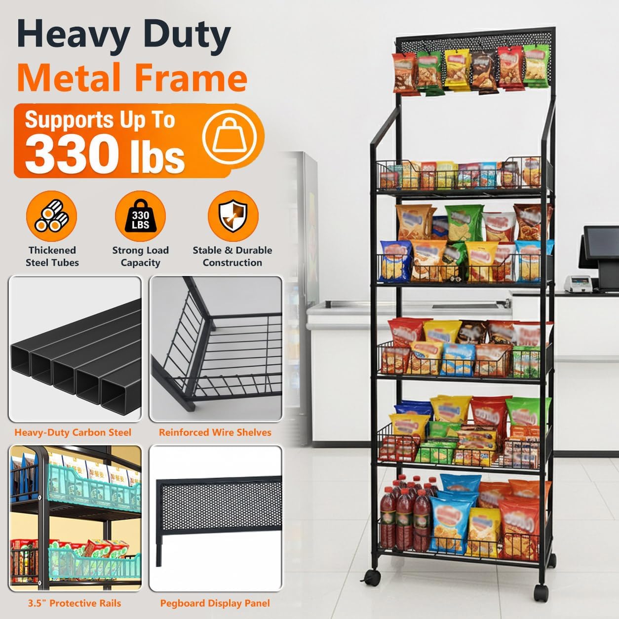 5 Tier Snack Rack Display Stand, Chip Rack Display Stand with Wheels | 12 Hooks and 3.5 Inch Guard Rails for Retail Display Shelves, Store Display and Candy Display