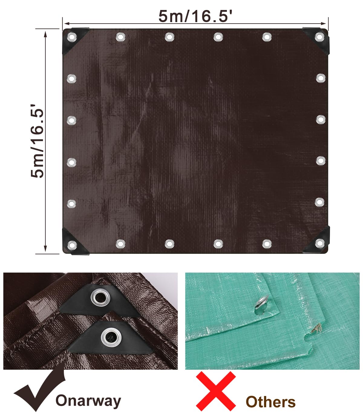 Onarway Lona impermeable y resistente: 5 m x 5 m, 150 g/m², impermeable, con ojales reforzados, lona multiusos para exteriores, color marrón y negro