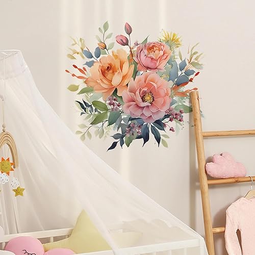 Calcomanías de pared de flores de peonía coloridas, sacinora acuarela botánica floral, calcomanías de pared extraíbles de vinilo para despegar y