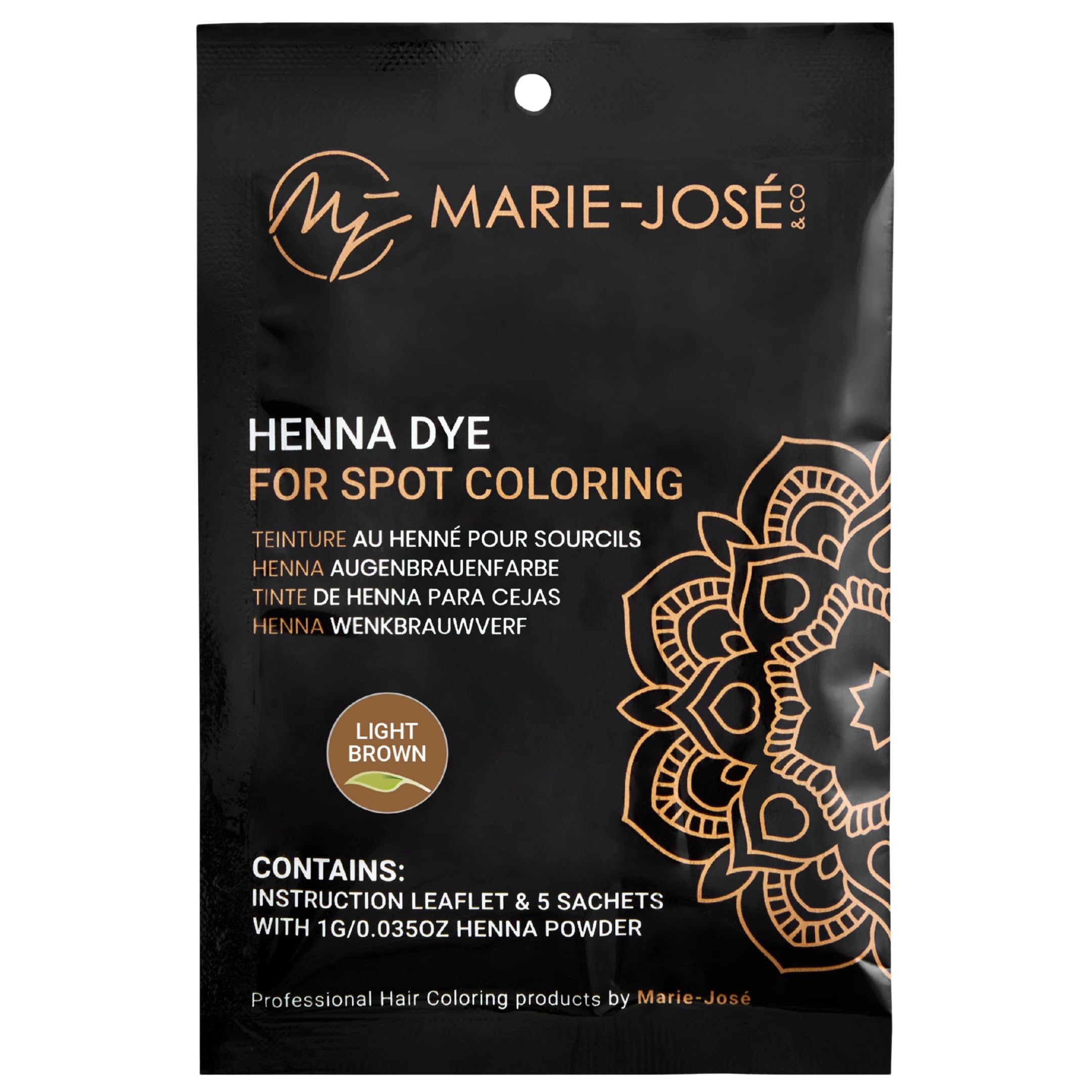 Marie-José & Co Henna Eyebrow Dye Light Brown, Eyebrow for Spot Coloring, Long-Lasting Eyebrow Powder, Water & Smudge Proof, 5 Sachets, Good for 50