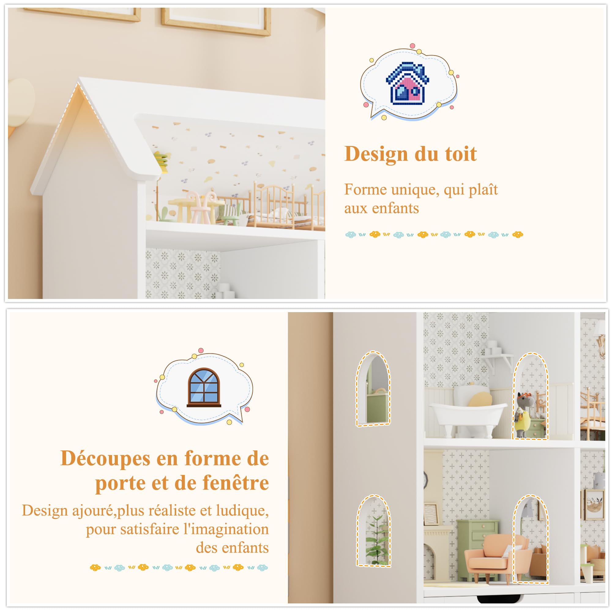 FOREHILL Meuble Rangement Enfant, Maison de Poupée, Bibliothèque Enfant avec 7 Étagères 3 Tiroirs Roulants, Rangement Jouet Chambre Enfant, 120x30x117.5cm, Blanc